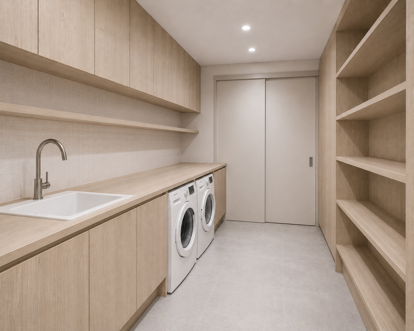 Light Ligurian walnut laundry cabinetry with open shelving and integrated appliances